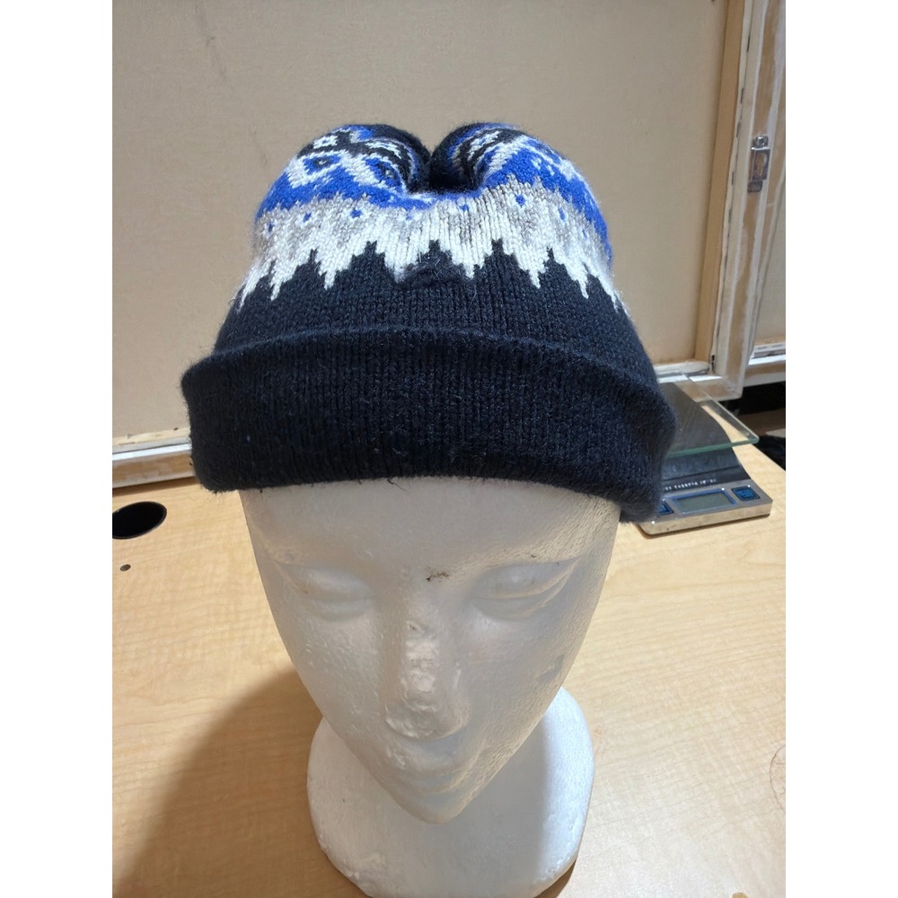 Old Navy Mens Fair Isle Knit Beanie Blue Black Fleece Lined Winter Hat L XL